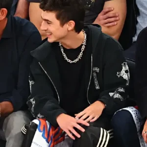 Shop Timothée Chalamet 2026 Knicks Game Chrome Hearts Soap and Water Zip-Up Hoodie Black For Men and Women