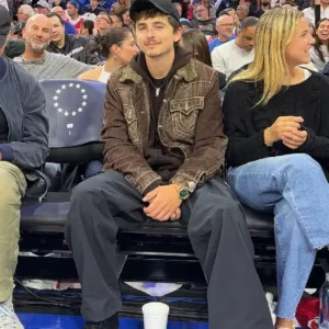 Shop Timothée Chalamet 2026 Knicks game Brown Sherpa Denim Jacket For Men