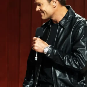 Shop Tom Brady 2026 TV Show The Roast of Kevin Hart Black Leather Jacket