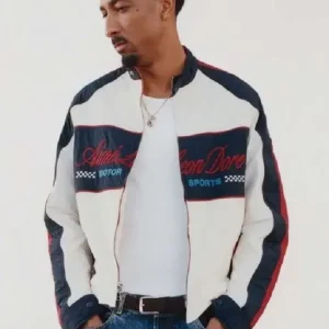 Shop Travis Bennett White and Blue Moto Racer Jacket For Men and Women
