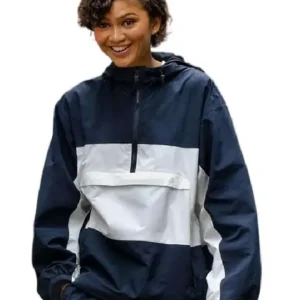 Shop Zendaya SoHo Street 2026 Blue and White Hooded Jacket