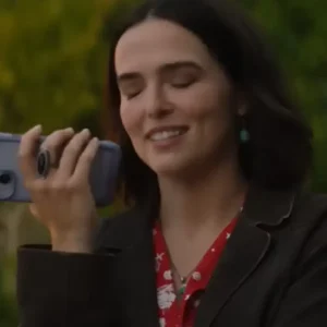 Shop Zoey Deutch 2026 Movie Voicemails for Isabelle Jill Brown Suede Leather Jacket