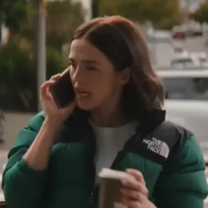 Shop Zoey Deutch 2026 Movie Voicemails for Isabelle Jill The North Face Green and Black Puffer Jacket