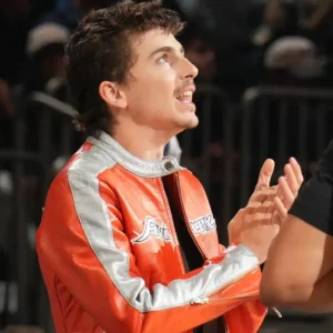 Timothee Chalamet New York 2026 Knicks vs Sixers game Orange Leather Jacket For Men and Women