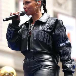 Alicia Keys New York Knicks NBA Championship Victory Parade 2026 Concert Performance Black Cropped Leather Jacket For Women
