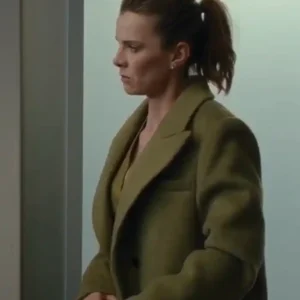 Betty Gilpin Movie Office Romance 2026 Sydney Bloom Green Wool Trench Coat