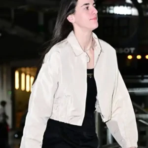Caitlin Clark Indiana Fever vs New York Liberty Beige Cropped Bomber Jacket