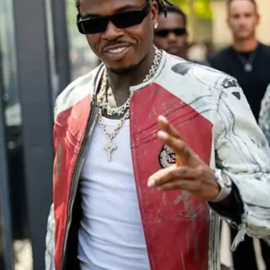 Gunna Paris Fashion Week 2026 Under Armour Vintage Moto Red and White Leather Jacket
