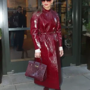 Jennifer Lopez NYC 2026 Office Romance Film Promotion Burgundy Crocodile Belted Style Leather Long Coat