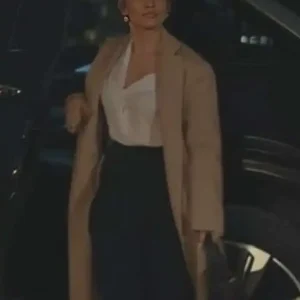 Jennifer Lopez Office Romance 2026 Jackie Cruz Beige Belted Wool Trench Coat