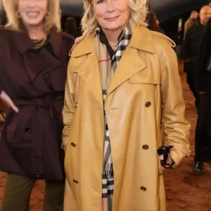 Jennifer Saunders London Fashion Week 2026 Brown Leather Trench Coat For Women