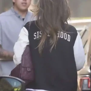 Jessica Alba Los Angeles 2026 Black and White Wool With Leather Sleeves Varsity Jacket