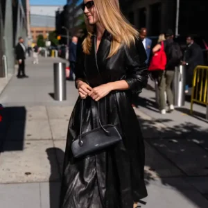 Jodie Comer 2026 Press Event The Death of Robin Black Leather Belted Long Coat