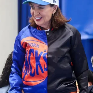 Kathy Hochul New York Knicks Championship Parade Blue and Black Varsity Bomber Jacket