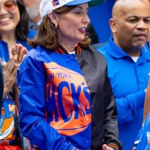 Kathy Hochul New York Knicks Championship Parade Blue and Black Varsity Bomber Jacket For Men and Women