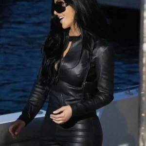 Kim Kardashian Formula 1 Grand Prix 2026 Weekend Monaco Black Leather Jacket For Women