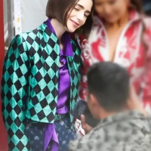 Lily Collins TV Series Emily In Paris S06 Emily Cooper Diamond Print Cropped Jacket
