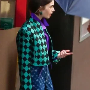 Lily Collins TV Series Emily In Paris S06 Emily Cooper Diamond Print Cropped Jacket For Women