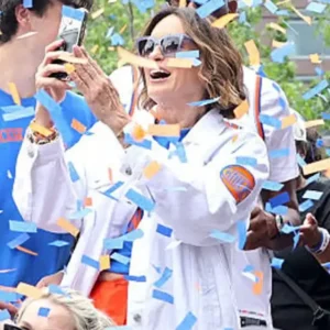 Mariska Hargitay New York Knicks NBA Championship Victory Parade 2026 White Denim Jacket