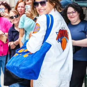 Mariska Hargitay New York Knicks NBA Championship Victory Parade 2026 White Denim Jacket For Men and Women