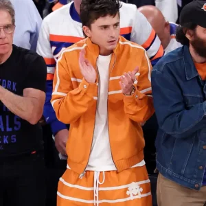 NBA Finals 2026 Game 3 Timothée Chalamet Orange Jacket