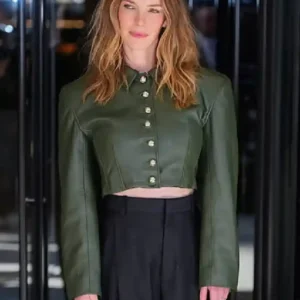 Shop Betty Gilpin New York City 2026 Green Cropped Leather Jacket For Women