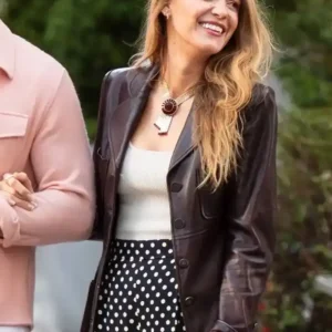 NYC 2026 Blake Lively Burgundy Leather Blazer