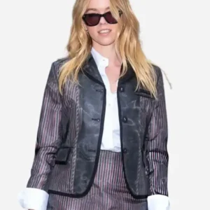 NYC Today 2026 Milly Alcock Striped Leather Blazer