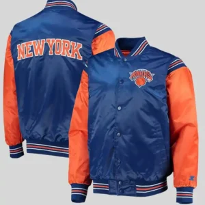 New York Knicks Starter Blue and Orange The Enforcer Satin Varsity Jacket