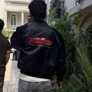 Nick Jonas Tecate Emblema 2026 Black Satin Porsche Sports Car Bomber Jacket
