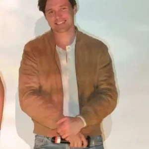 Nick Robinson Voicemails for Isabelle Tan Brown Suede Bomber Jacket
