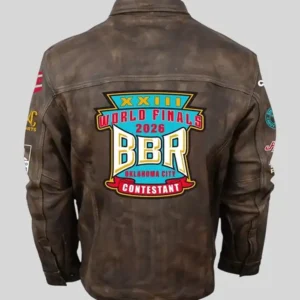 Shop 23rd Annual Better Barrel Races World Finals 2026 Oklahoma Brown Distressed Leather Jacket