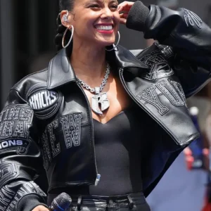 Shop Alicia Keys New York Knicks NBA Championship Victory Parade 2026 Concert Performance Black Cropped Leather Jacket For Women