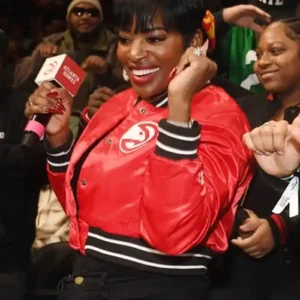 Shop Atlanta Hawks Shamea Morton Cropped Red Satin Varsity Jacket For Women