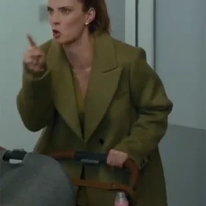 Shop Betty Gilpin Movie Office Romance 2026 Sydney Bloom Green Wool Trench Coat