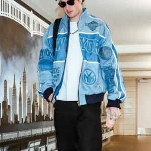Shop Cam Schlittler New York Knicks Blue Leather Jacket