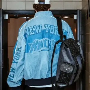 Shop Cam Schlittler New York Knicks Blue Leather Jacket For Men and Women