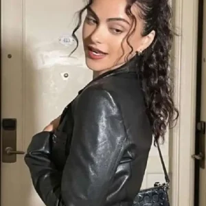 Shop Camila Mendes Coach Fashion Show 2026 New York City Black Cropped Leather Jacket