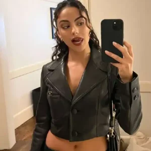 Shop Camila Mendes Coach Fashion Show 2026 New York City Black Cropped Leather Jacket For Women