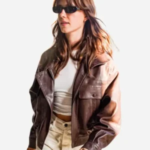 Shop Daisy Edgar-Jones Roissy Airport Paris 2026 Dark Brown Leather Jacket