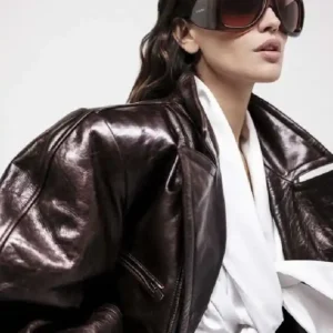 Shop Eiza Gonzalez 2026 Oversized Brown Distressed Leather Jacket