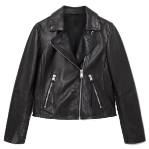 Shop Emma Laird Mint TV Series Mint 2026 Shannon Black Leather Biker Jacket