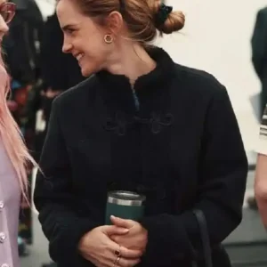 Shop Emma Watson Frieze Los Angeles 2026 Black Wool Shearling Trim Jacket For Women