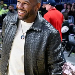 Shop Floyd Mayweather Jr. Lakers vs Pelicans Black Intrecciato Pattern Leather Bomber Jacket For Men and Women