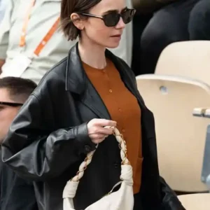 Shop French Open Paris 2026 Lily Collins Black Leather Jacket For Men and Women