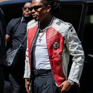 Shop Gunna Paris Fashion Week 2026 Under Armour Vintage Moto Red and White Leather Jacket