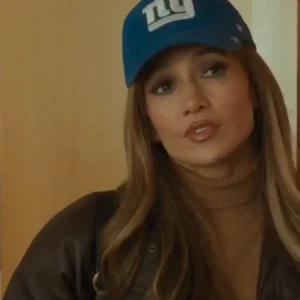 Shop Jennifer Lopez Movie Office Romance 2026 Jackie Cruz Brown Bomber Leather Jacket