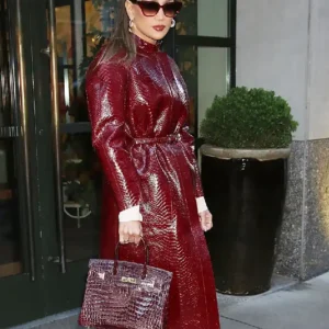 Shop Jennifer Lopez NYC 2026 Office Romance Film Promotion Burgundy Crocodile Belted Style Leather Long Coat For Women