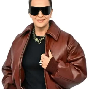 Shop Juliette Binoche Paris Fashion Week 2026 Maroon Bomber Leather Jacket