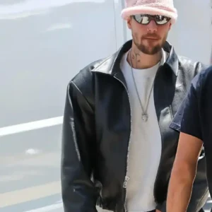 Shop Justin Bieber Los Angeles 2026 Oversized Black Leather Bomber Jacket